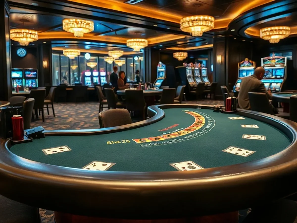 A physical blackjack table with a curved felt surface in warm, layered light.