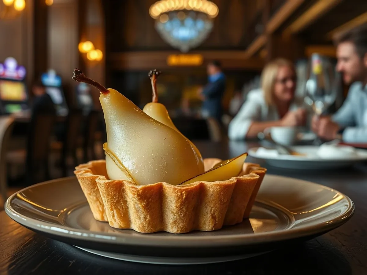 Poached pear and vanilla cream in delicate pastry, softly lit on a ceramic plate.