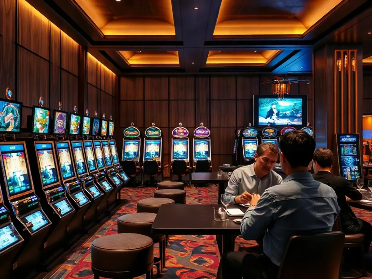 A row of slot machines beside textured seating in a softly lit casino interior.