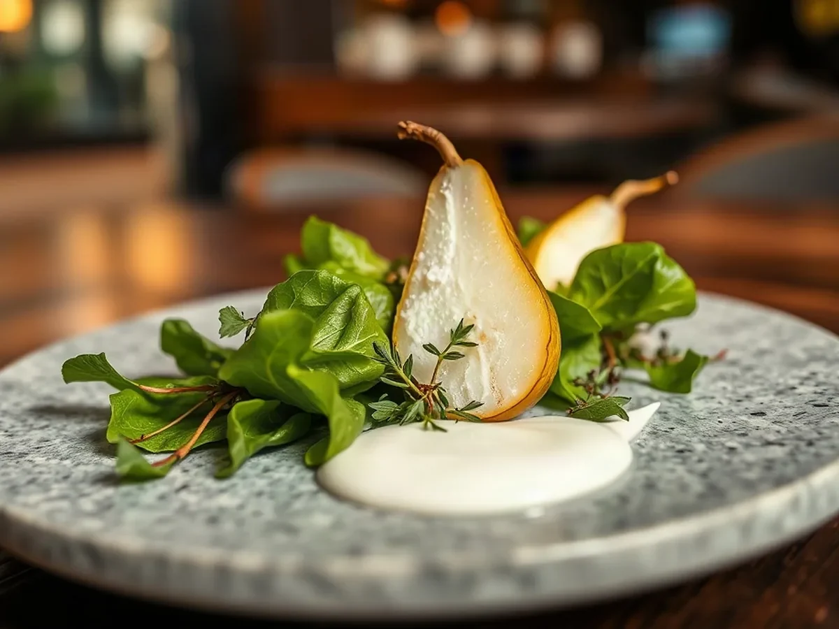 Crisp leaves, pear and herb cream on polished stone in warm, gentle light.