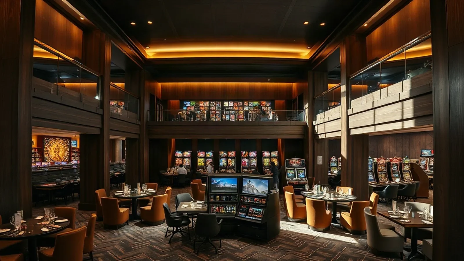 A broad casino floor framed by dark oak, polished stone and warm pools of light.